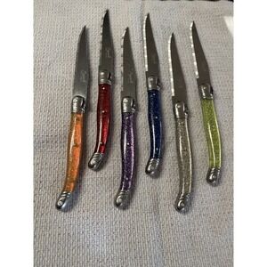 Set of 6  French Jean Dubost Laguiole steak knives plexiglass rainbow Vintage